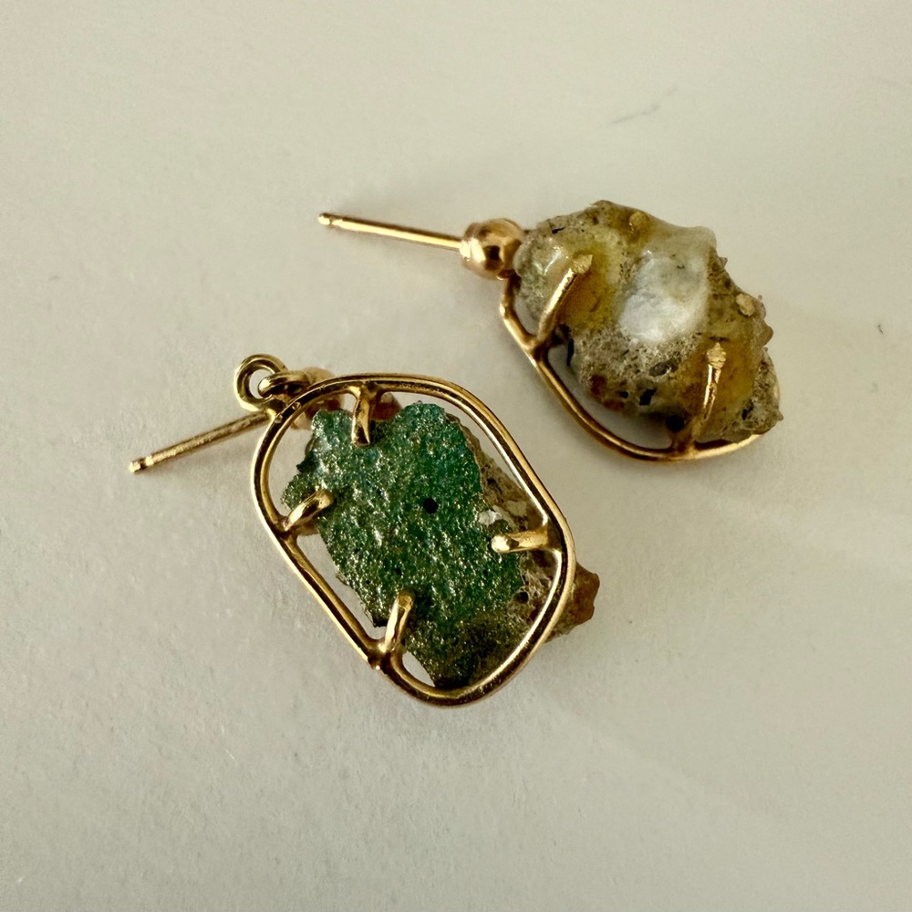 Rustic Gold-caged Raw Quartz Earrings